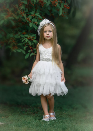 Ivory Lace Tulle Tiered Tutu Flower Girl Dress With Rhinestone Sash